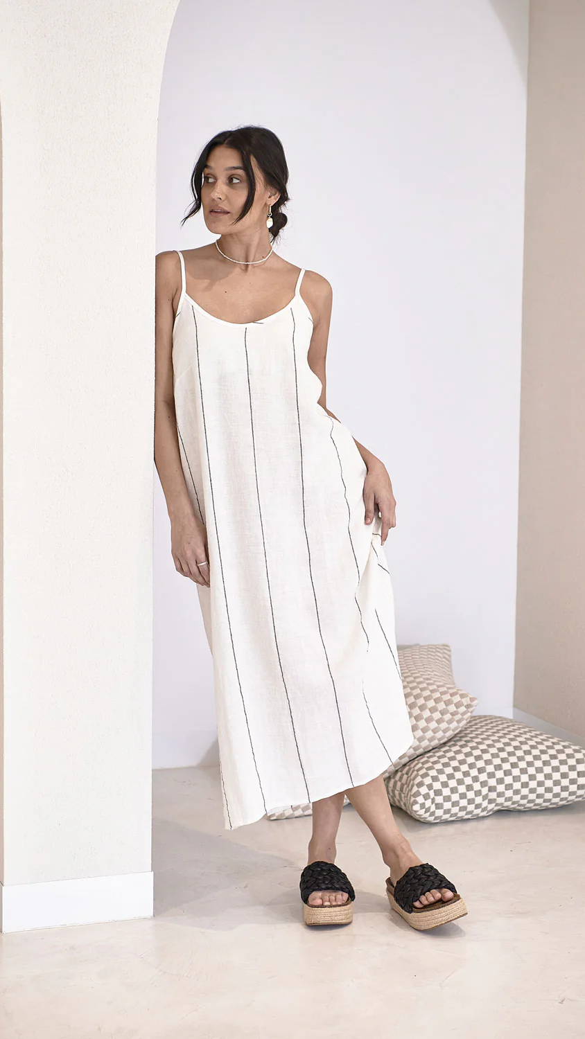 Carter Fundamental Linen Midi Slip Dress - Off White Charcoal Fine Stripe