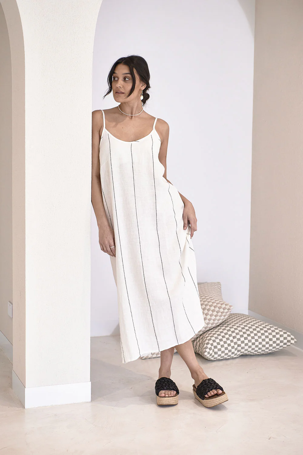 Carter Fundamental Linen Midi Slip Dress - Off White Charcoal Fine Stripe