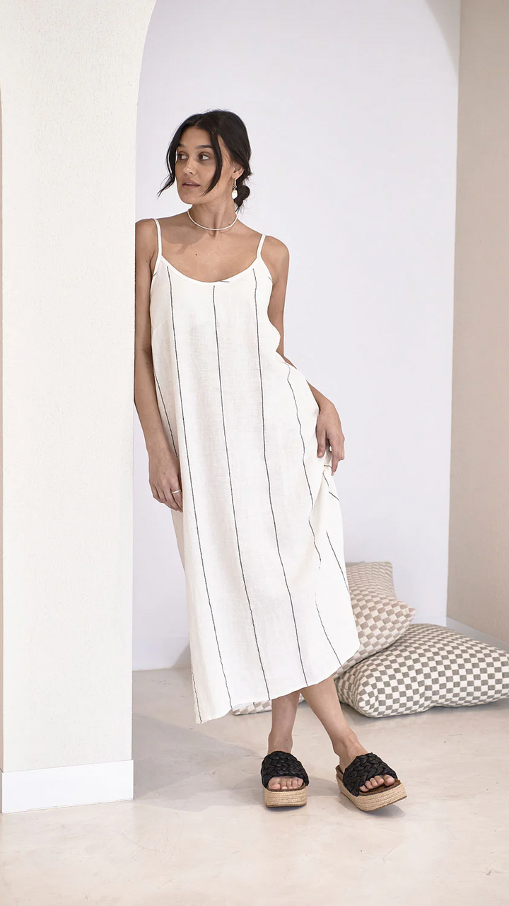 Carter Fundamental Linen Midi Slip Dress - Off White Charcoal Fine Stripe