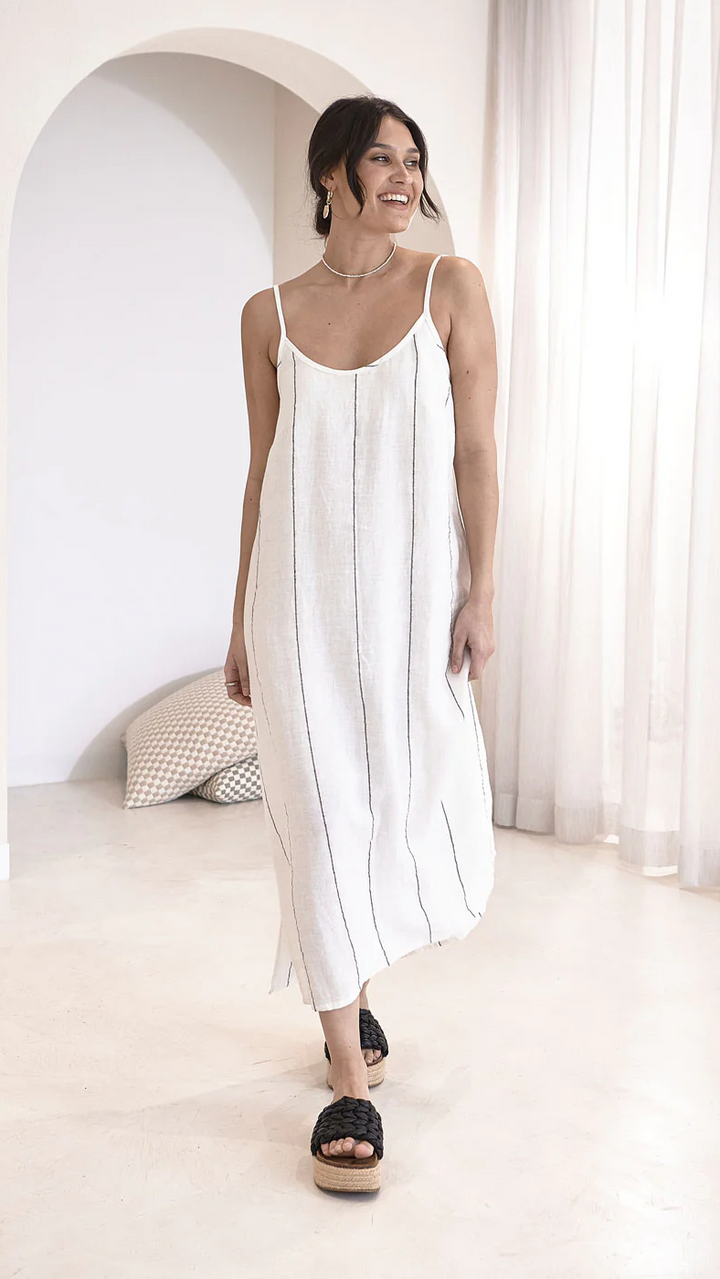 Carter Fundamental Linen Midi Slip Dress - Off White Charcoal Fine Stripe