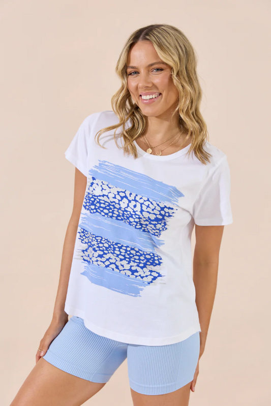 Camilla T-Shirt - White/Blue Leopard