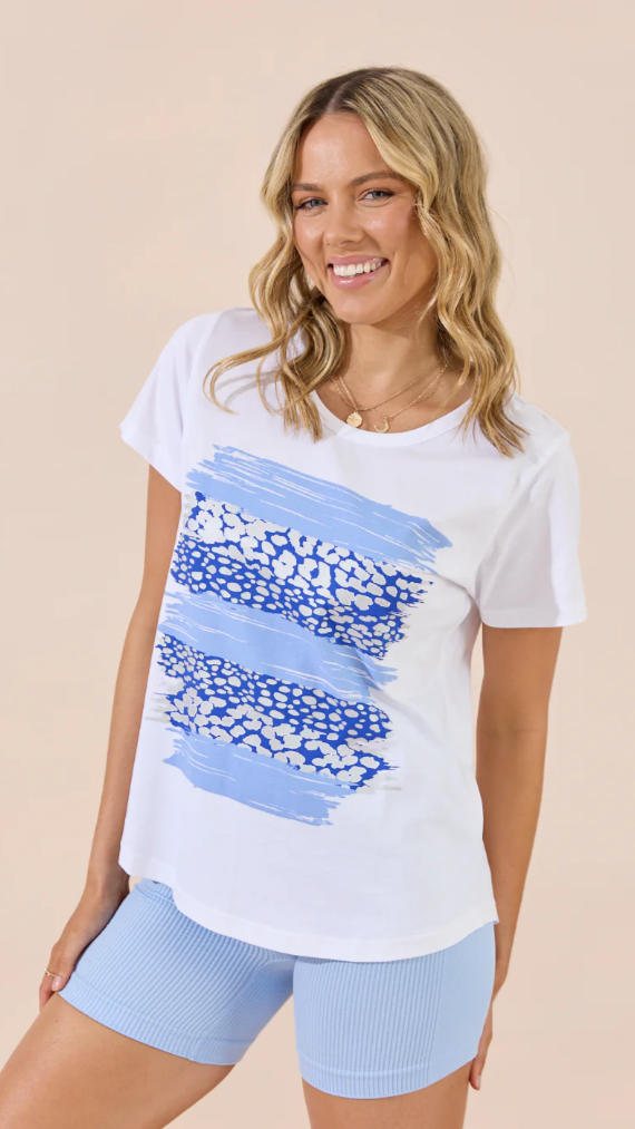 Camilla T-Shirt - White/Blue Leopard