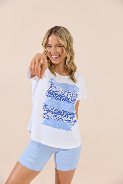 Camilla T-Shirt - White/Blue Leopard