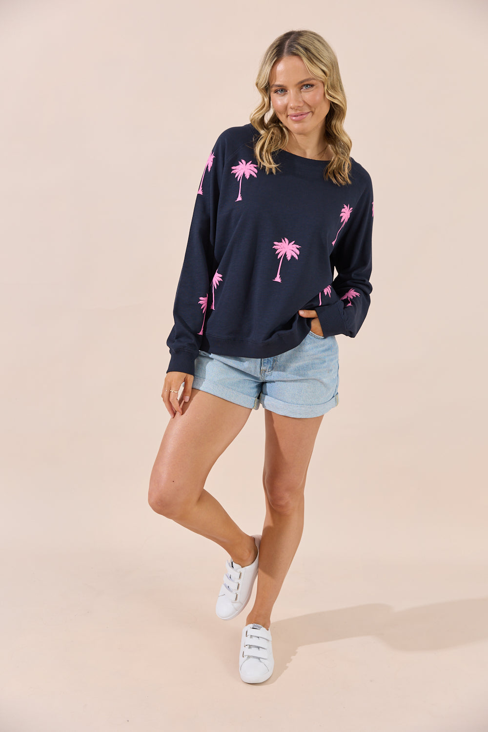 Florida Sweater - Navy/Pink Palm Trees