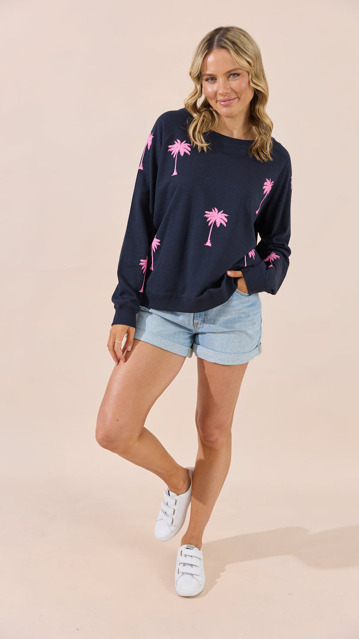Florida Sweater - Navy/Pink Palm Trees