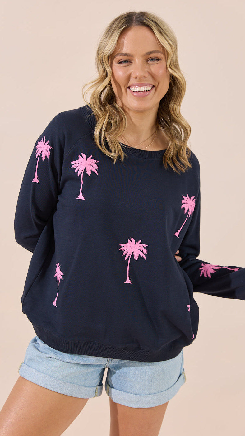 Florida Sweater - Navy/Pink Palm Trees