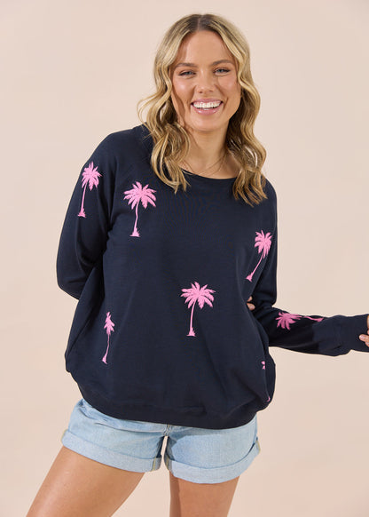 Florida Sweater - Navy/Pink Palm Trees
