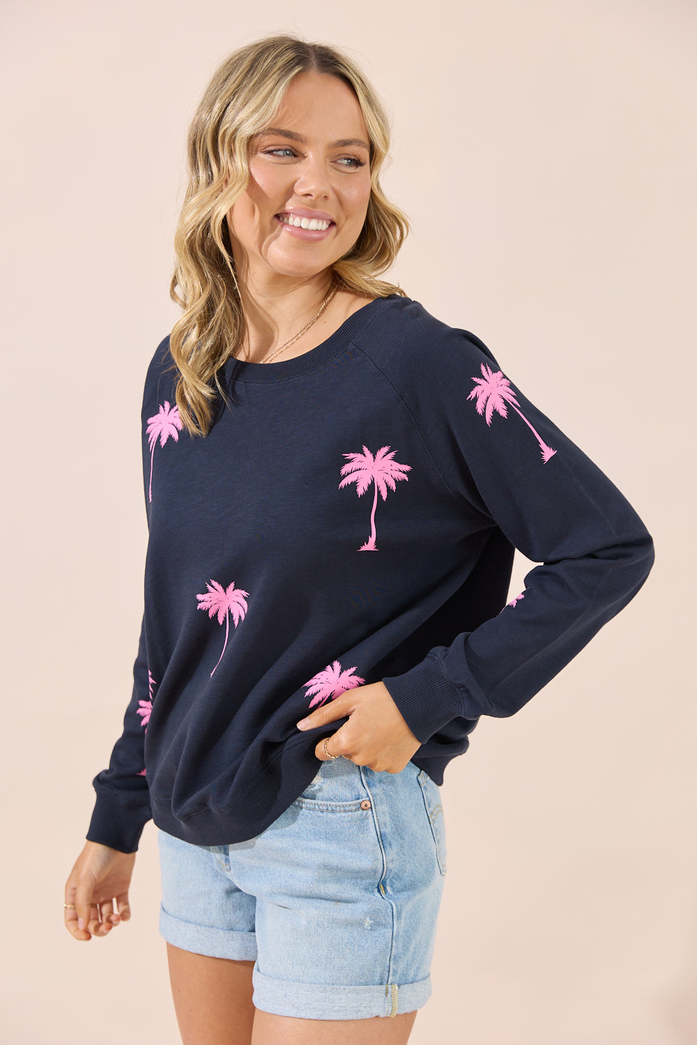 Florida Sweater - Navy/Pink Palm Trees