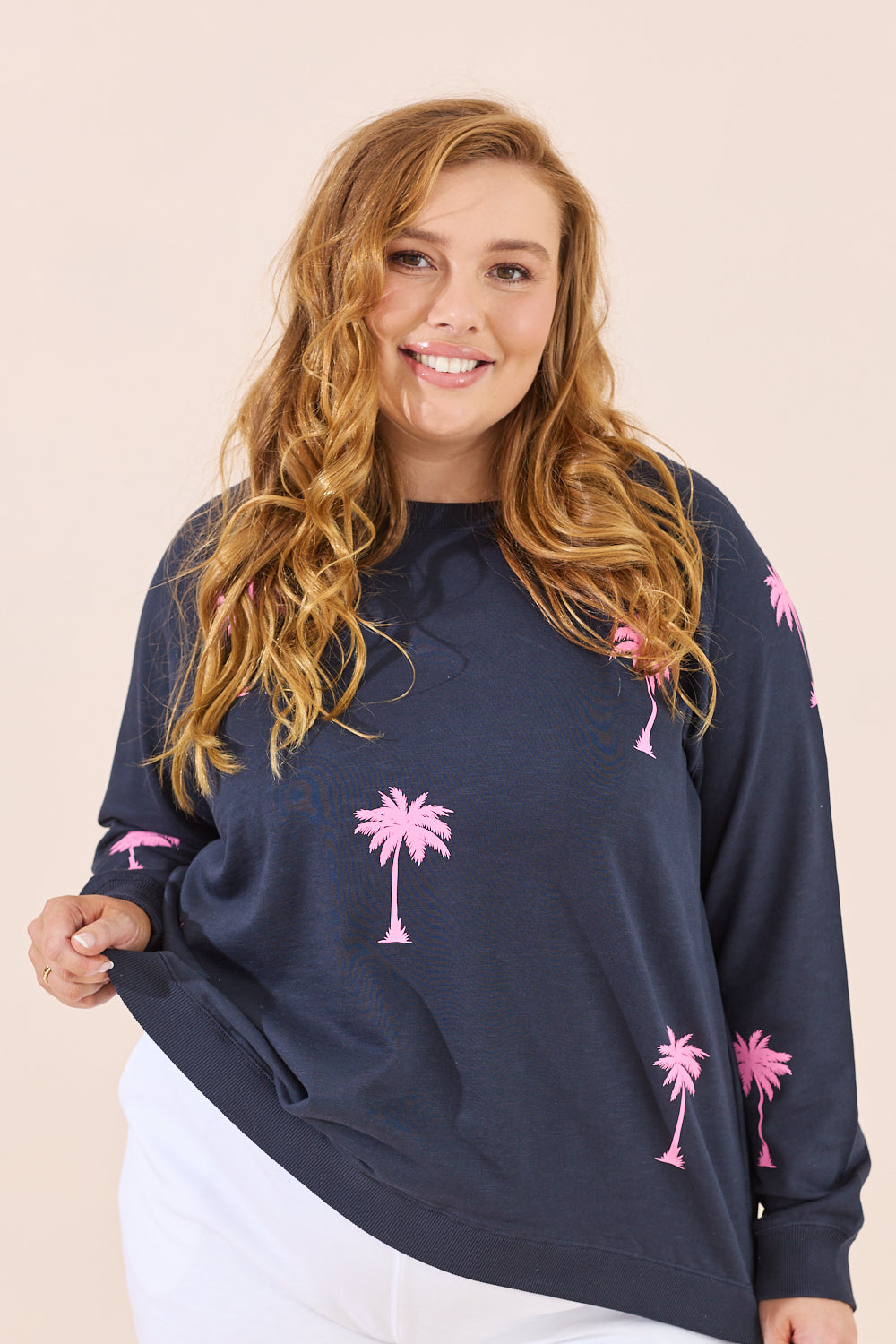 Florida Sweater - Navy/Pink Palm Trees