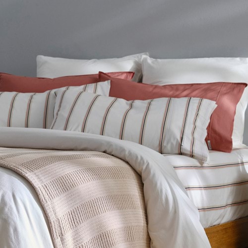 Vintage Softwash Cotton Stripe Fitted Sheet &amp; Pillowcase (Queen) - Stone/Grey