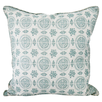 Amreli Celadon Cushion with a light-colored background and a blue mandala-style pattern, hand block printed by Walter G.