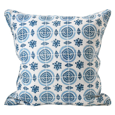 A decorative throw pillow with the Amreli Azure Cushion design from Walter G, hand block printed on 100% linen. Cushion insert included.