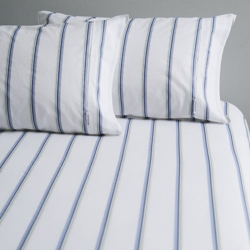 Vintage Softwash Cotton Stripe Fitted Sheet &amp; Pillowcase Set (Double) - Denim/Green