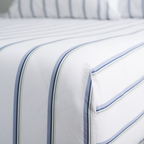 Vintage Softwash Cotton Stripe Fitted Sheet &amp; Pillowcase Set (Double) - Denim/Green